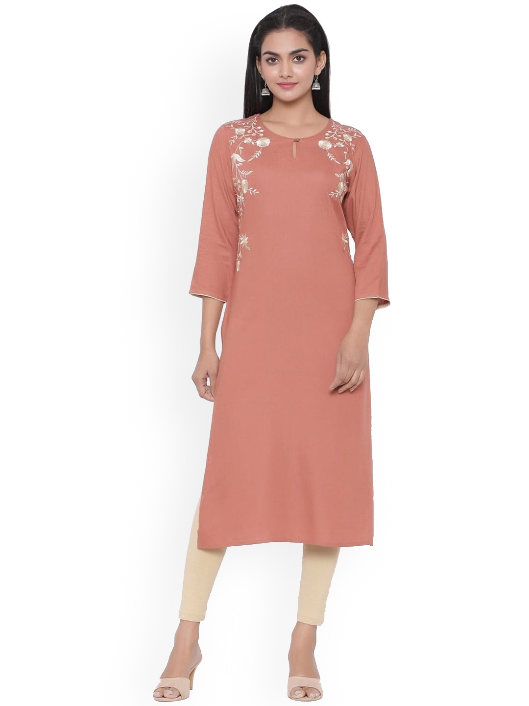 

SUTI Floral Embroidered Keyhole Neck A-Line Kurta, Rose