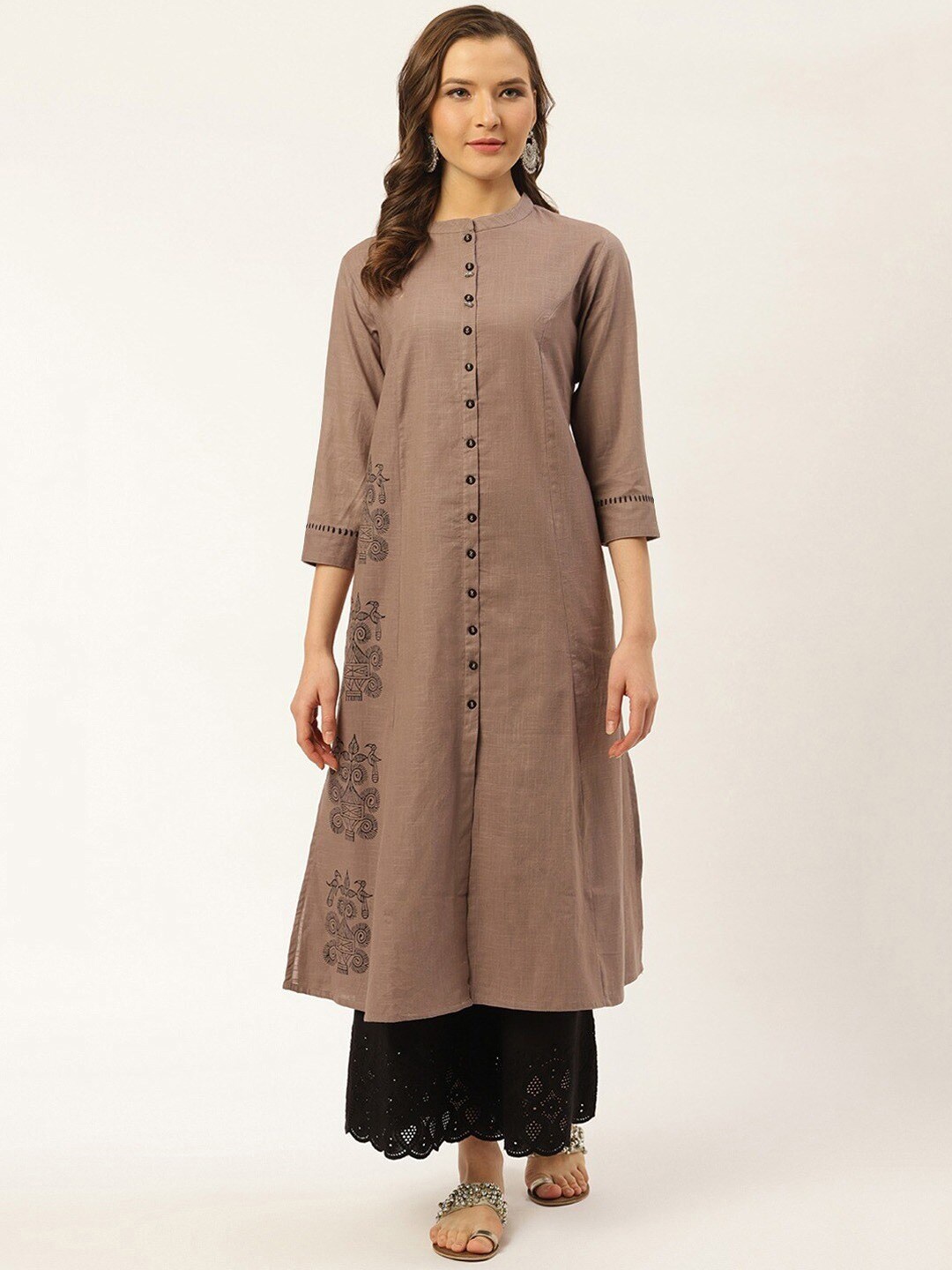 

SUTI Ethnic Motifs Printed Thread Work Mandarin Collar A-Line Kurta, Taupe