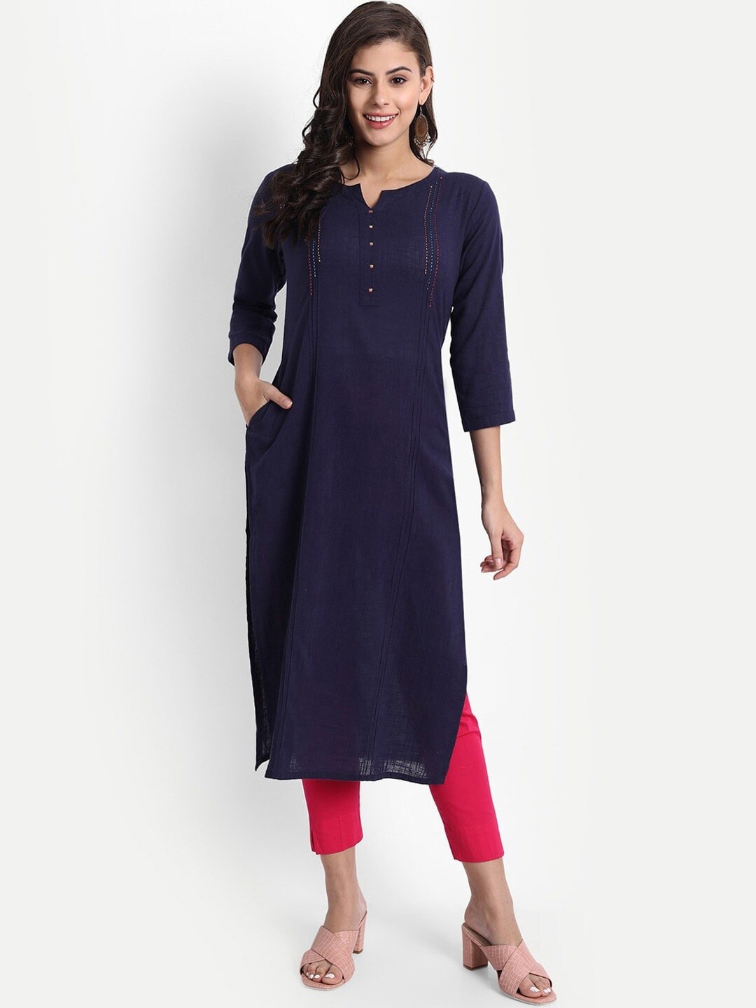 

SUTI Striped Thread Work Notched Neck Straight Kurta, Navy blue