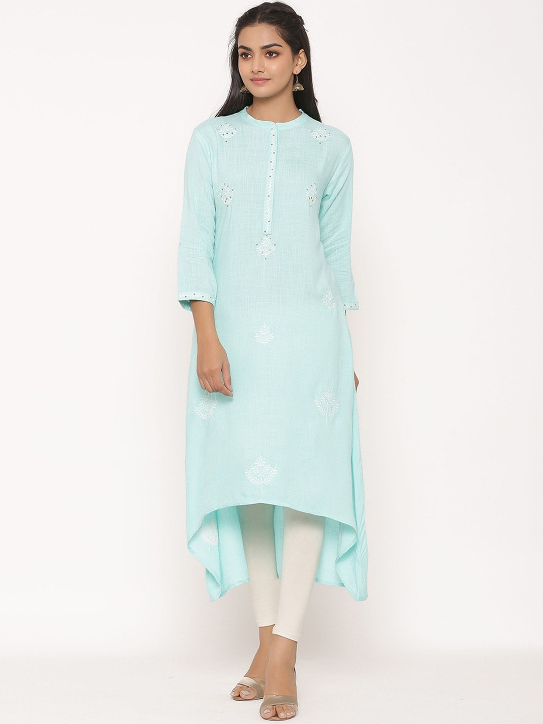 

SUTI Ethnic Motifs Embroidered Band Collar Sequin A-Line Kurta, Blue