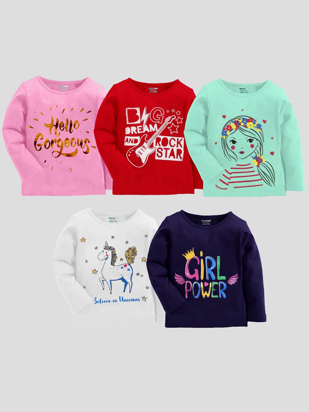

KUCHIPOO Girls Pack of 5 Printed Regular Fit T-shirts, Pink
