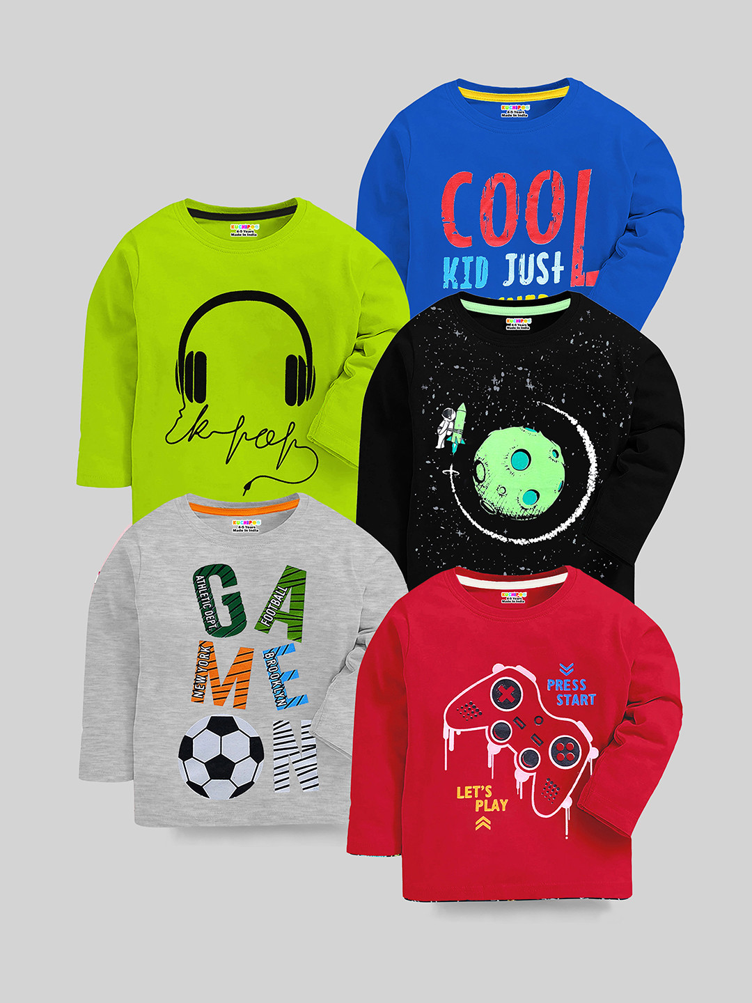 

KUCHIPOO Boys Pack of 5 Printed Regular Fit T-shirts, Red