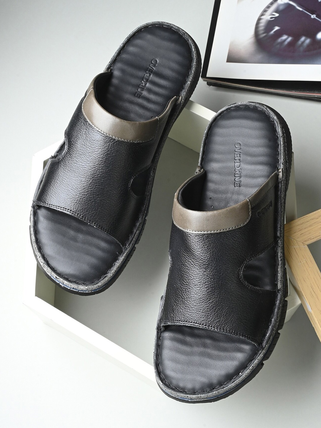 

Overdrive Men Reworked Classic Leather Comfort Sandals, Black