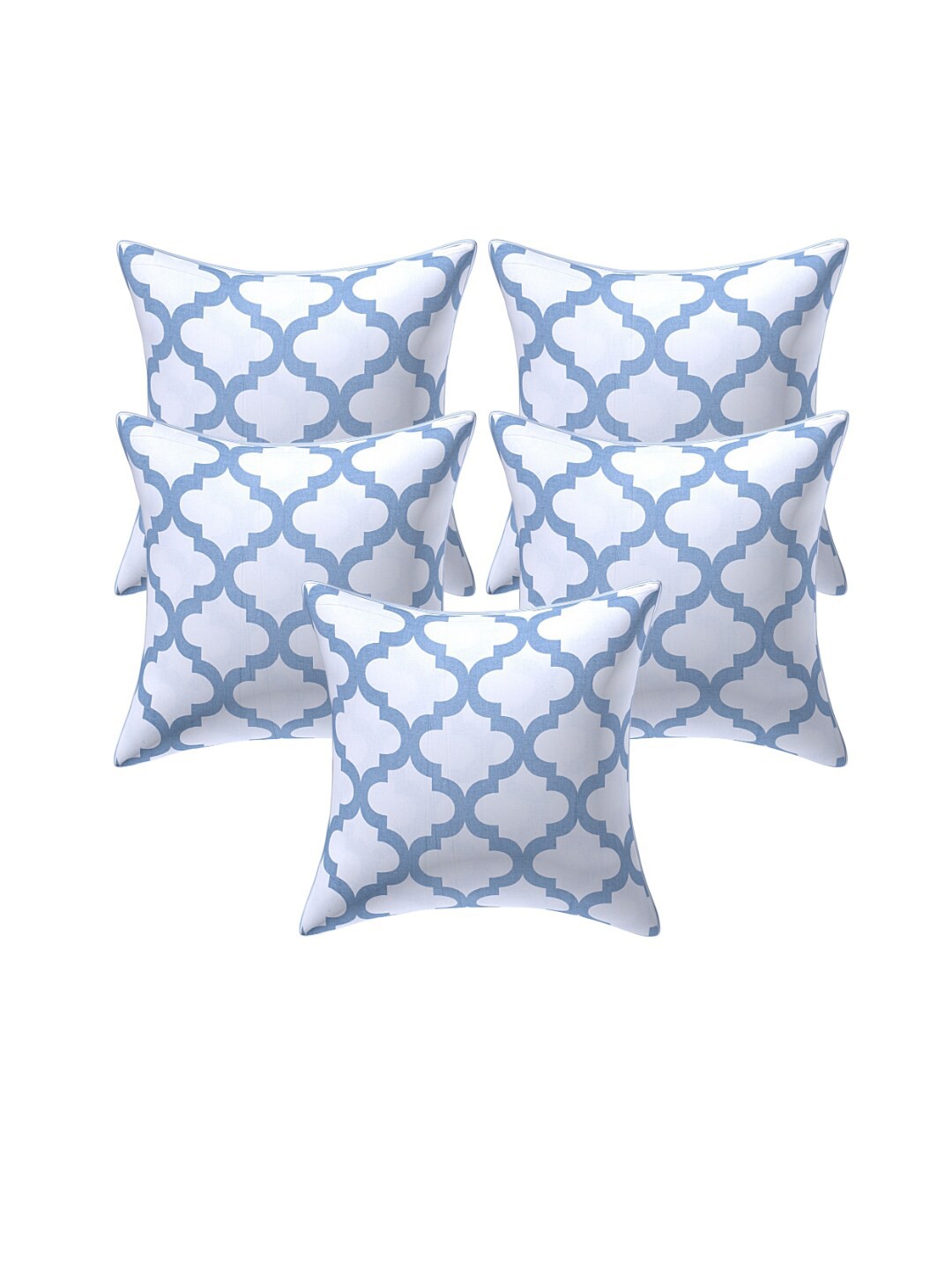 

INDHOME LIFE White & Blue 5 Pieces Geometric Printed Pure Cotton Square Cushion Covers