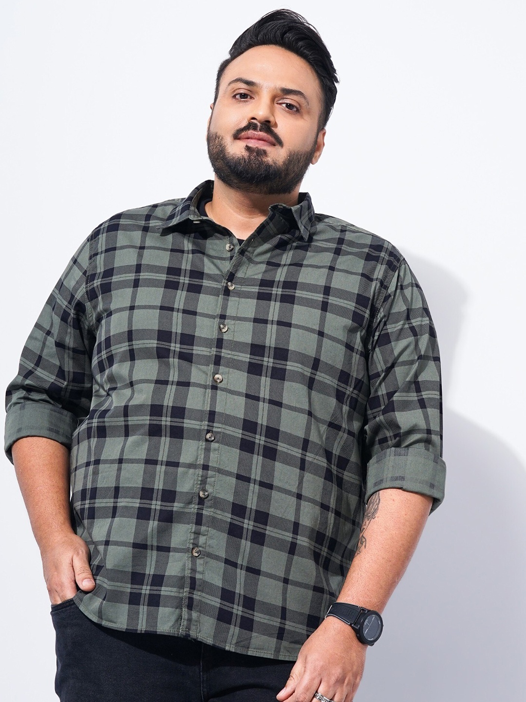 

The Indian Garage Co Plus Size Windowpane Checked Cotton Casual Shirt, Olive
