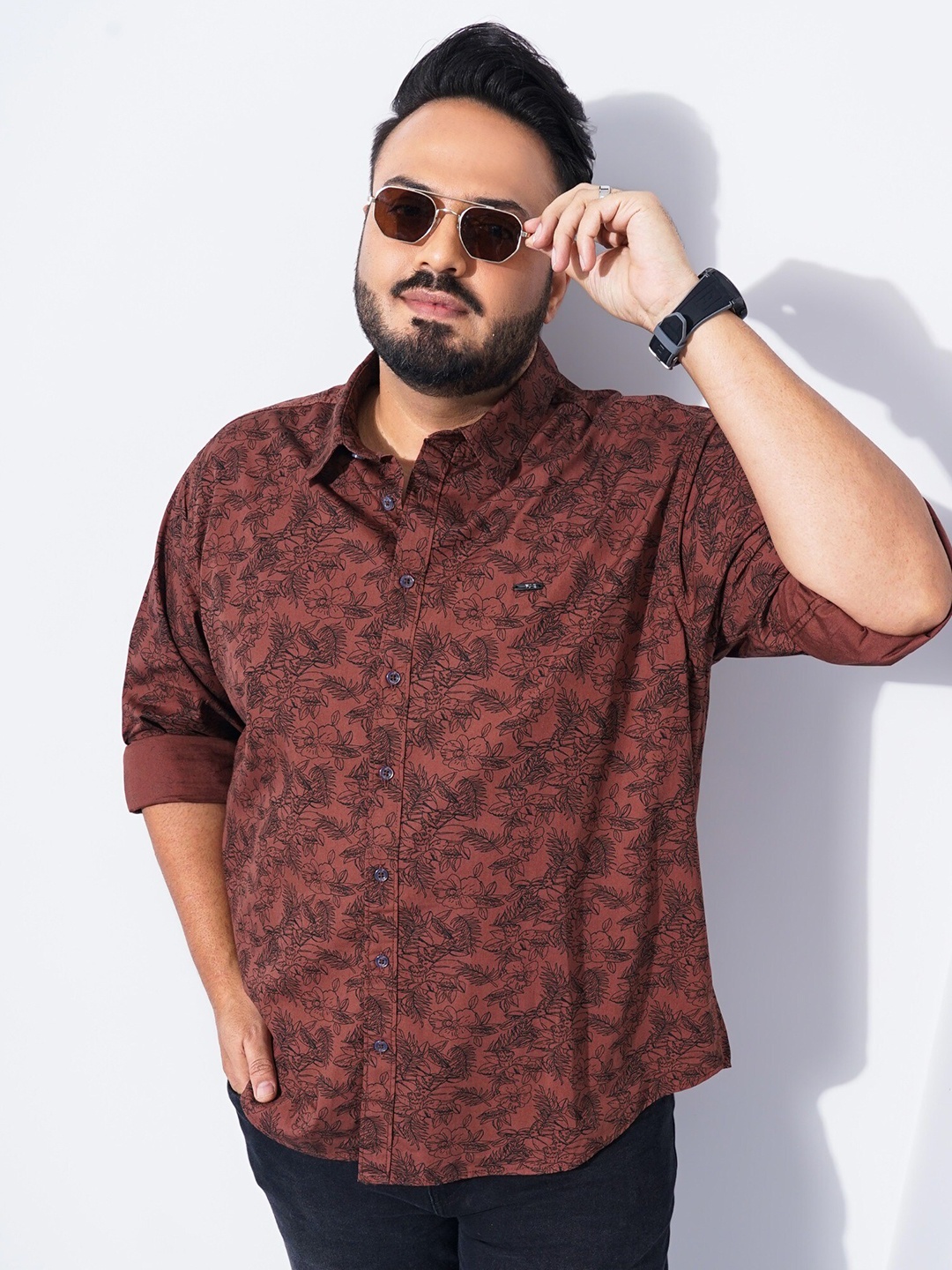 

The Indian Garage Co Plus Size Floral Printed Cotton Casual Shirt, Brown