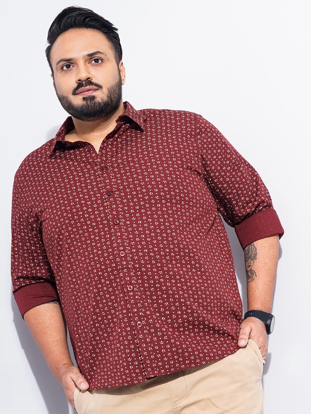 

The Indian Garage Co Plus Size Micro Ditsy Printed Cotton Casual Shirt, Maroon