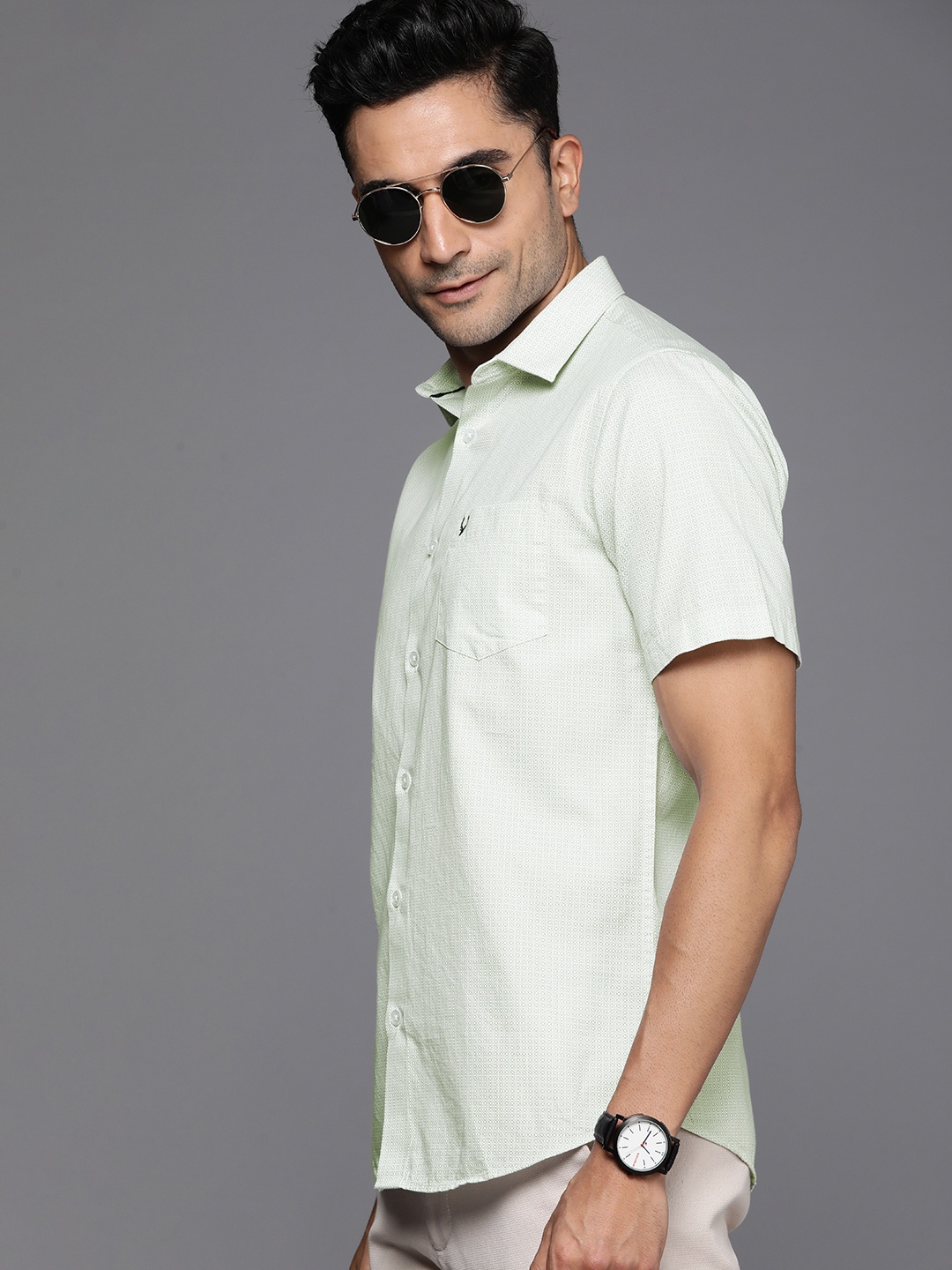 

Allen Solly Classic Regular Fit Geometric Printed Casual Pure Cotton Shirt, Green