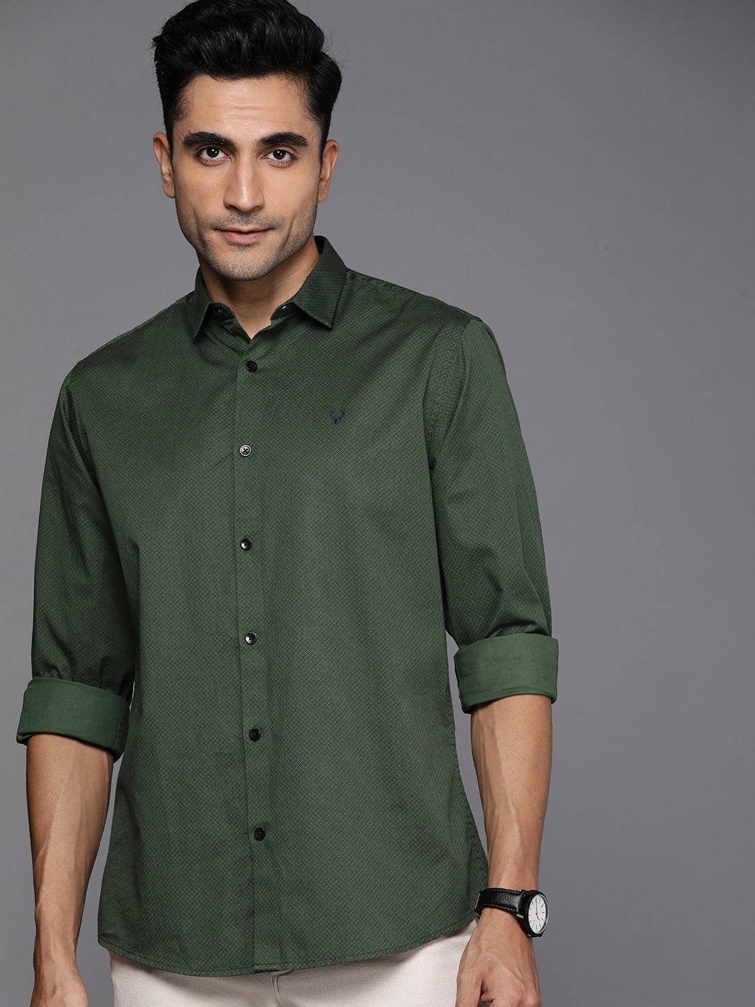 

Allen Solly Classic Regular Fit Geometric Printed Casual Pure Cotton Shirt, Green