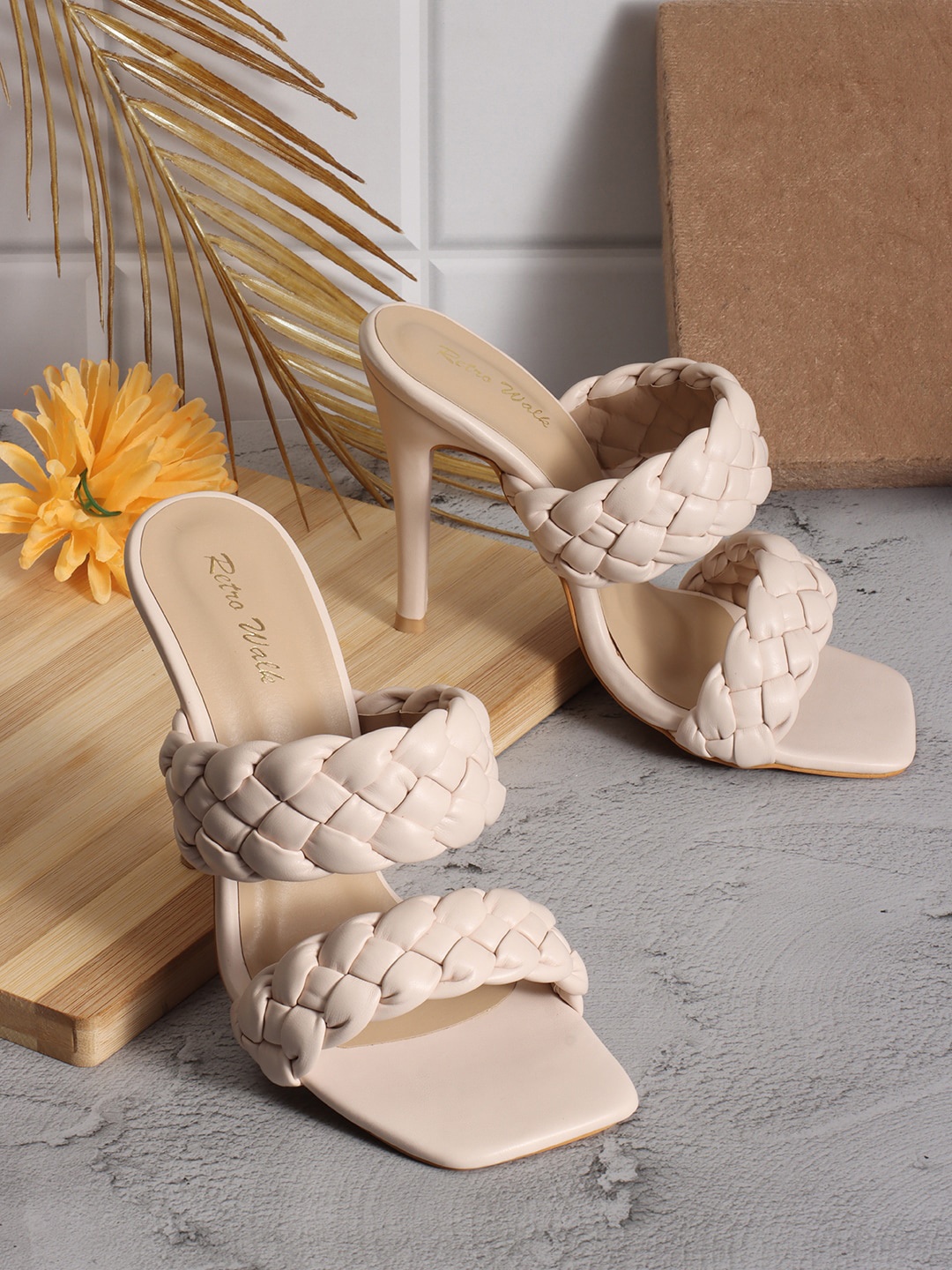 

Retro Walk Square Toe Slim Heels, Cream