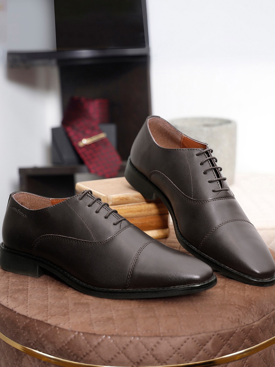 

LOUIS STITCH Men Brunette Brown Premium Italian Leather Formal Derby Shoes