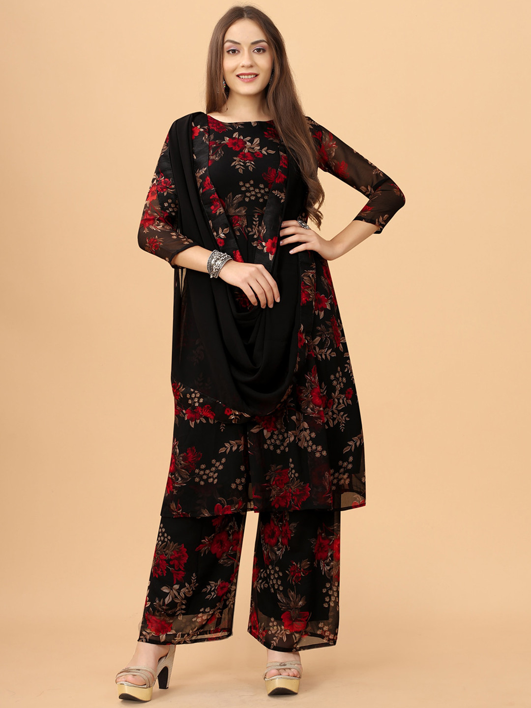 

KALINI Floral Printed Square Neck Pleated A-Line Kurta & Palazzos with Dupatta, Black