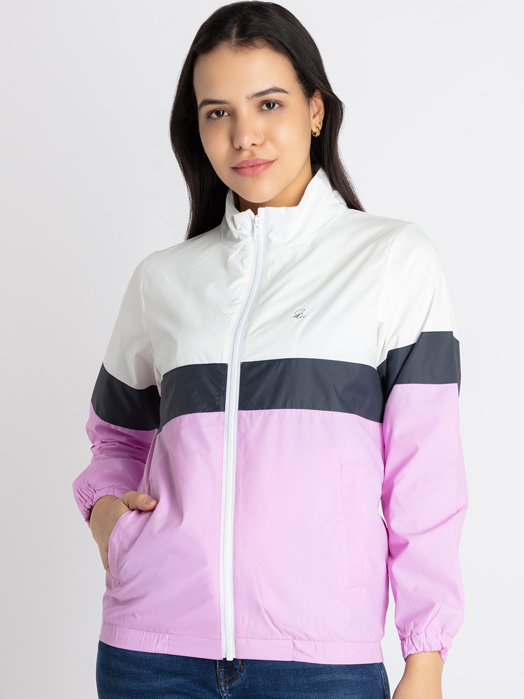 

Status Quo Colourblocked Mock Collar Bomber Jacket, Purple
