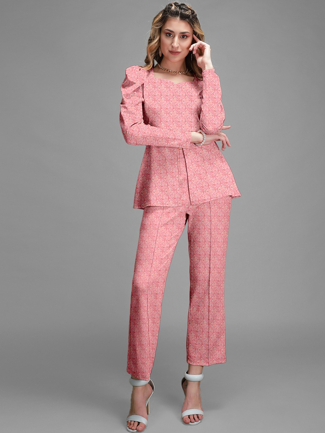 

Selvia Printed Puff Sleeves Top With Trouser, Pink