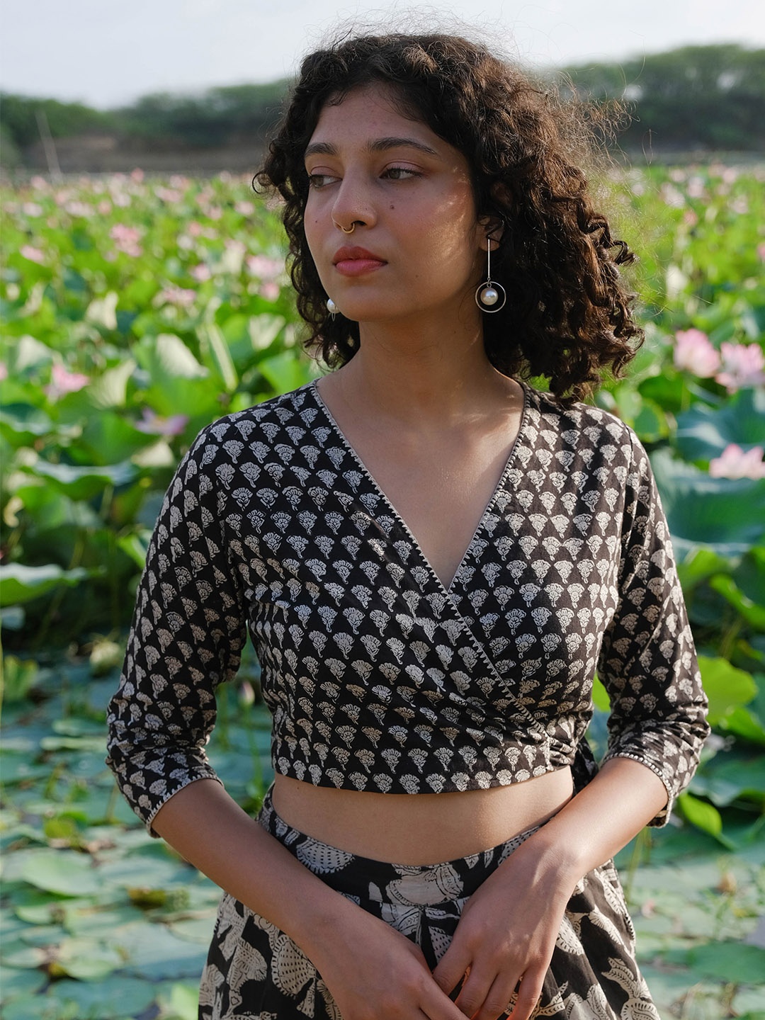 

OKHAI Ethnic Motifs Printed Cotton Crop Top, Black