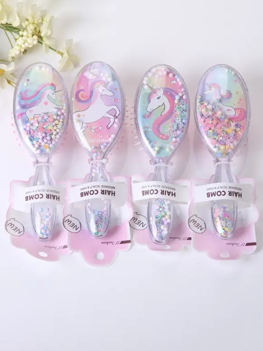 

FEELHIGH Girls Set Of 4 Unicorn Printed Hair Brushes, Pink