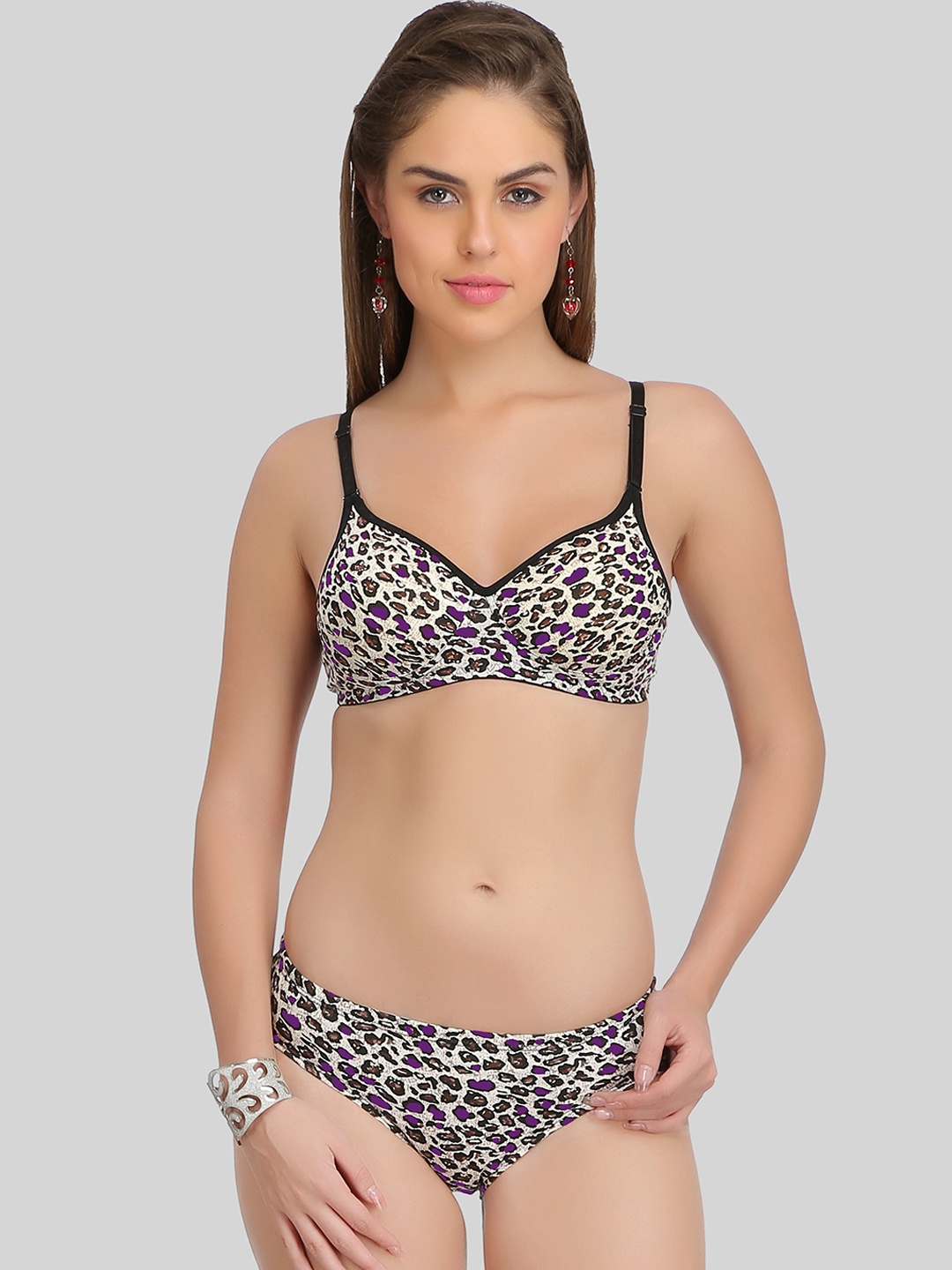 

SELFCARE Cotton Tiger Print Soft Cotton Sinker Lightly Padded Bra & Bikini Briefs, Purple