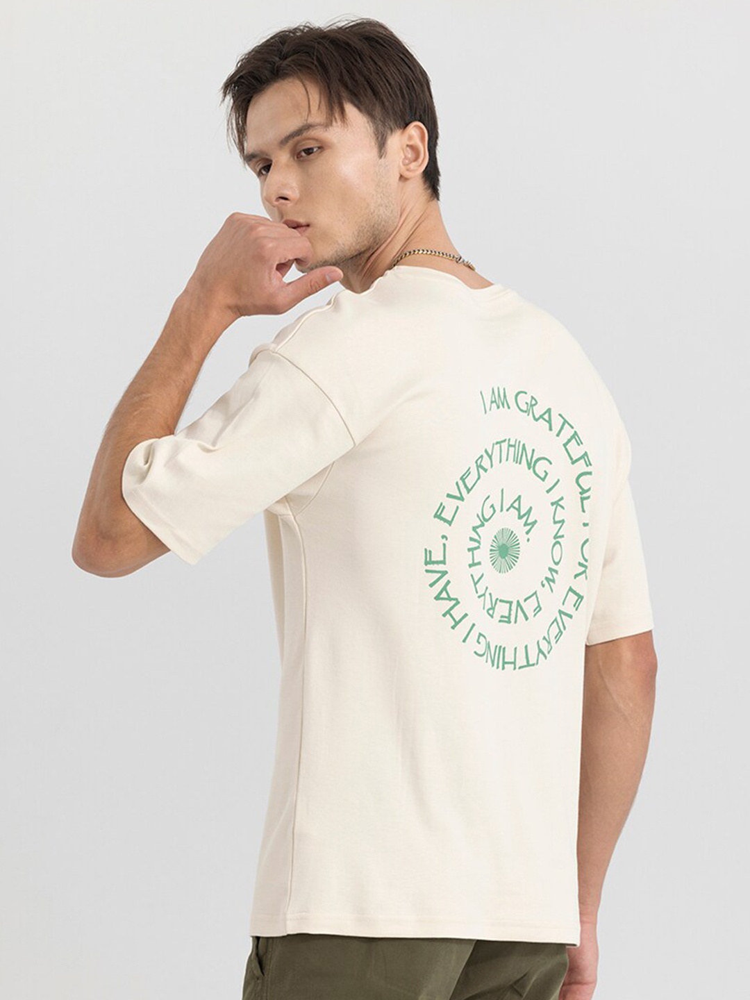 

Snitch Cream-Coloured & Green Typography Printed Oversize Fit Casual T-shirt