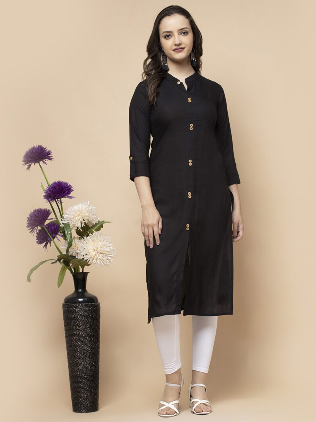 

SHIONS Mandarin Collar Pure Cotton Straight Kurta, Black