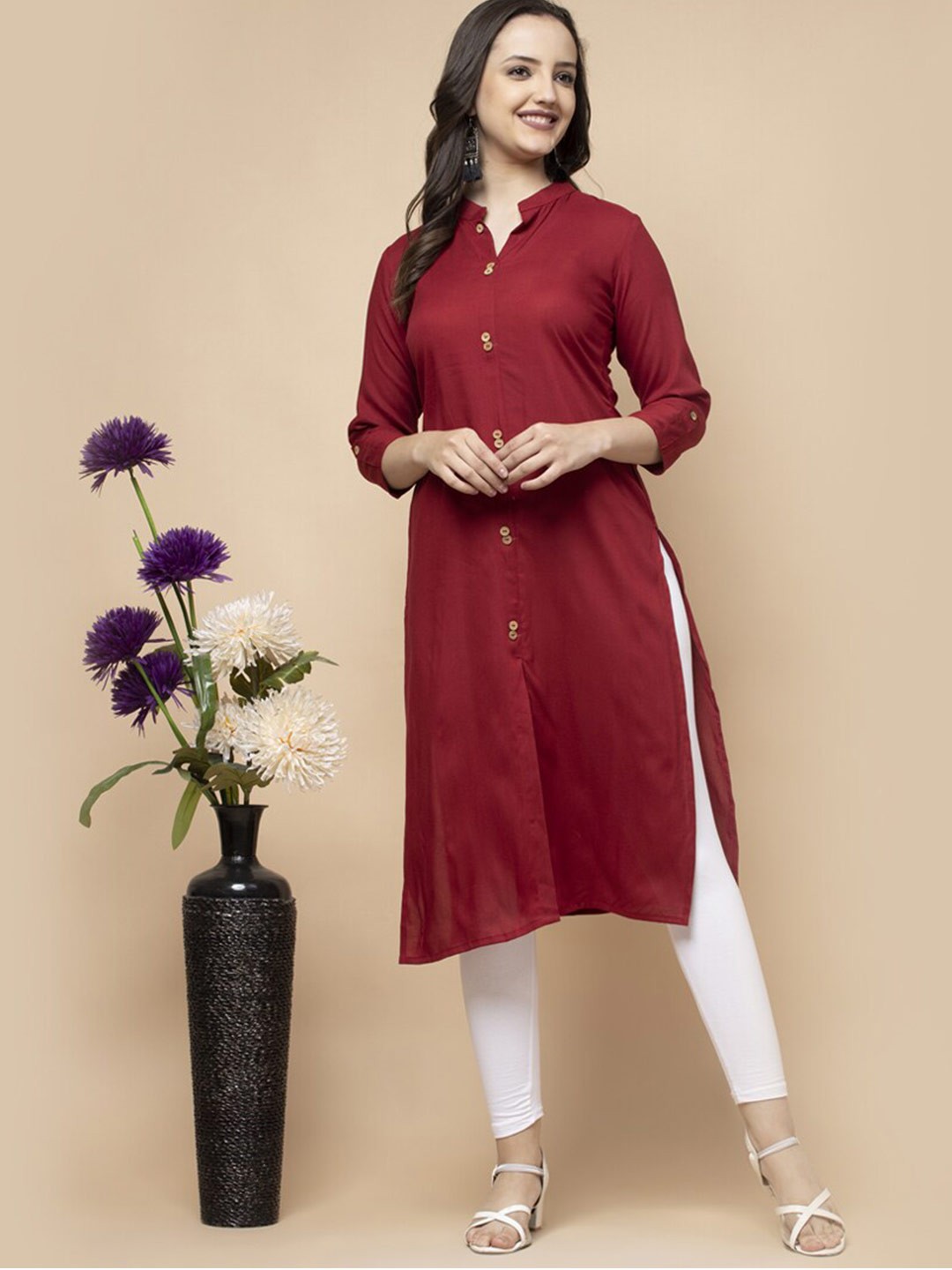 

SHIONS Mandarin Collar Pure Cotton Straight Kurta, Maroon