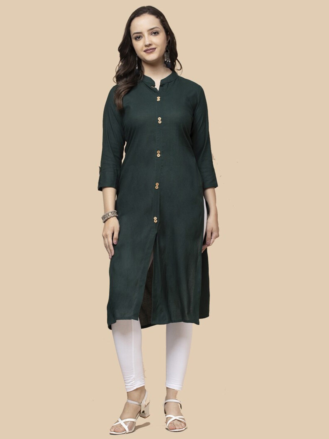 

SHIONS Mandarin Collar Roll-Up Sleeves Pure Cotton Straight Kurta, Green