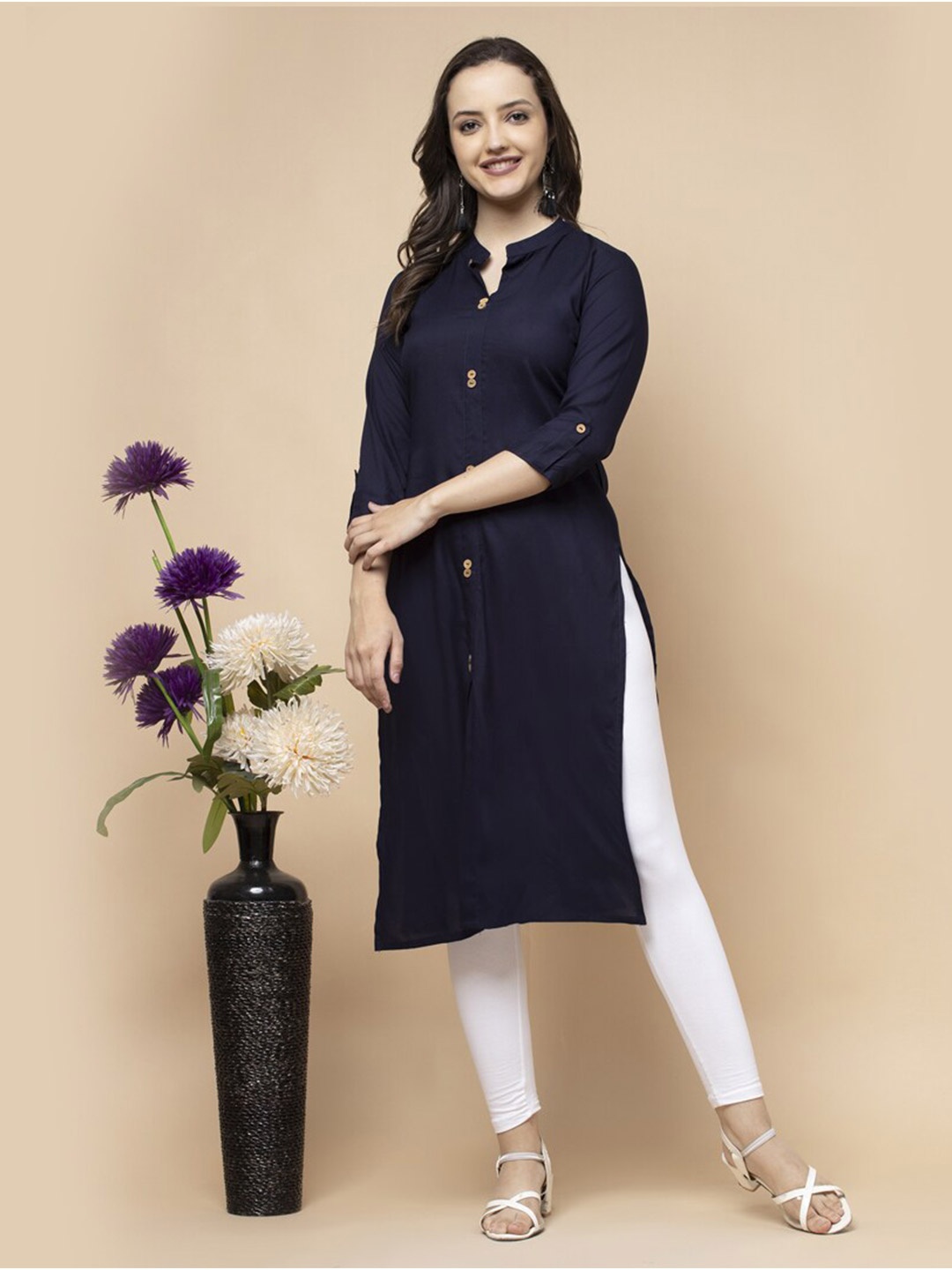 

SHIONS Mandarin Collar Roll-Up Sleeves Pure Cotton Straight Kurta, Navy blue