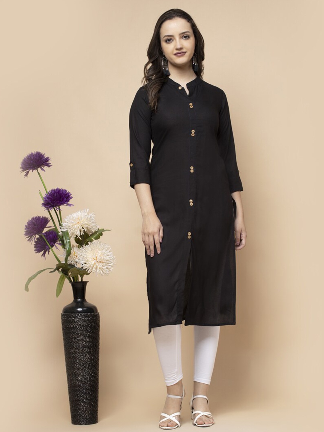 

SHIONS Mandarin Collar Roll-Up Sleeves Pure Cotton Straight Kurta, Black