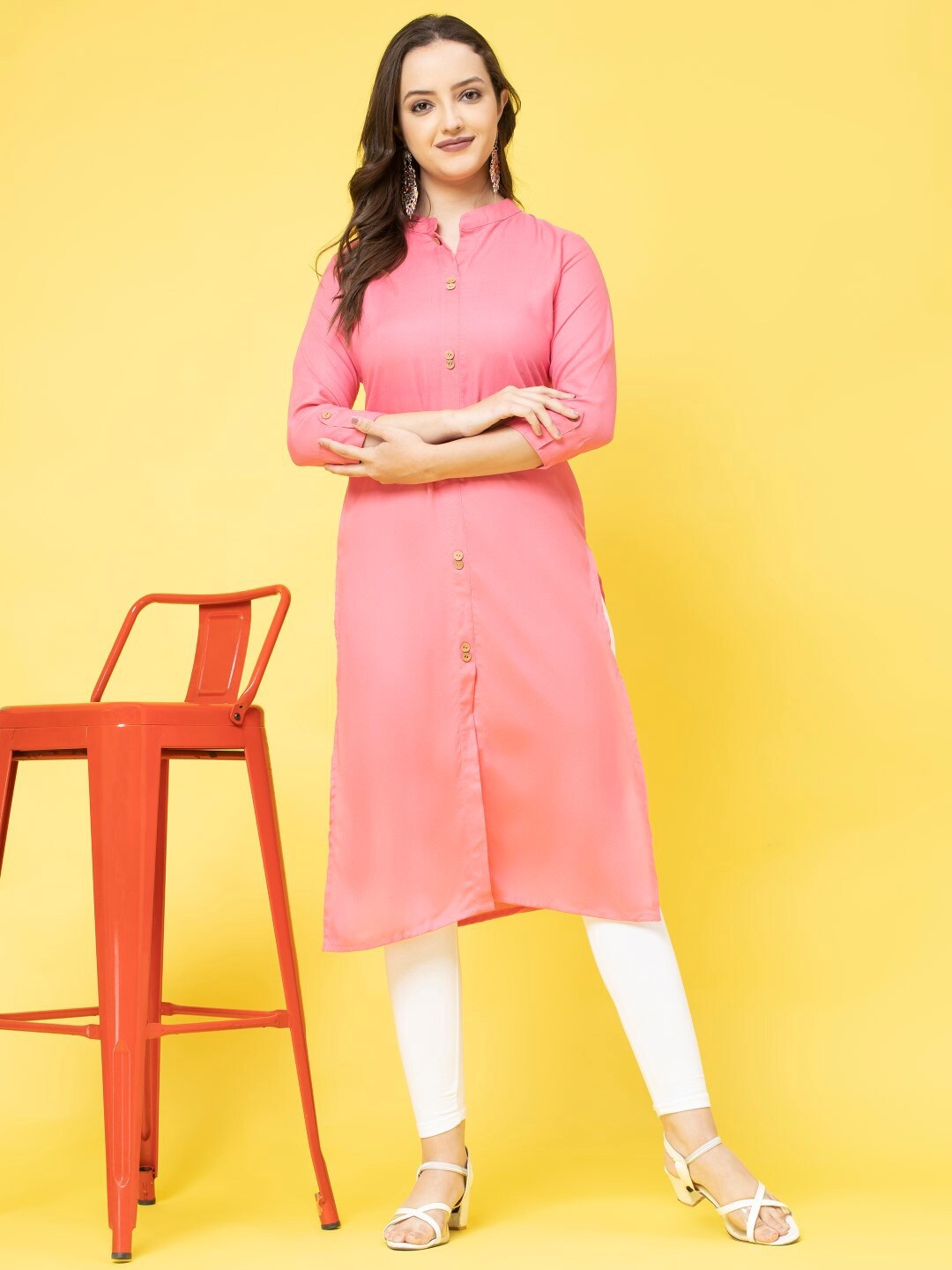 

SHIONS Mandarin Collar Pure Cotton Straight Kurta, Pink