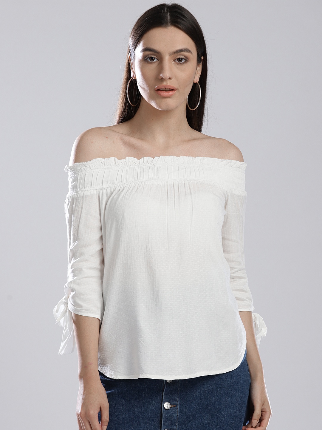 

Bossini Women Off-White Self Design Bardot Top