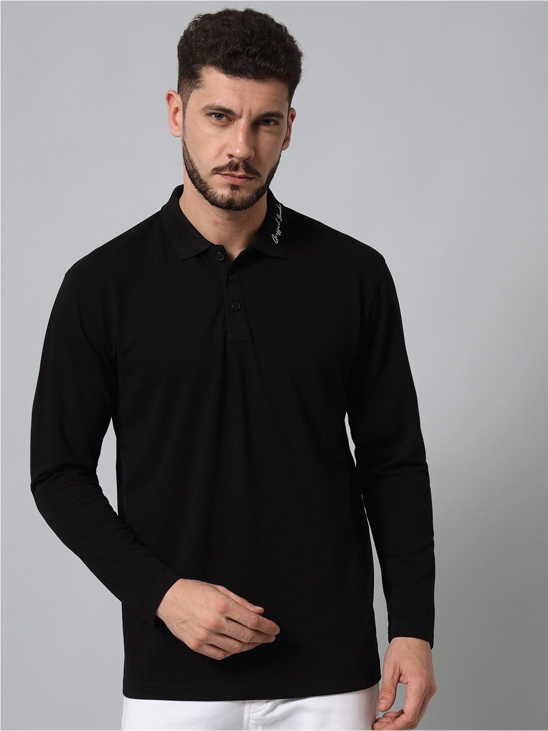 

GRIFFEL Polo Collar Long Sleeves Cotton Regular Fit T-shirt, Black