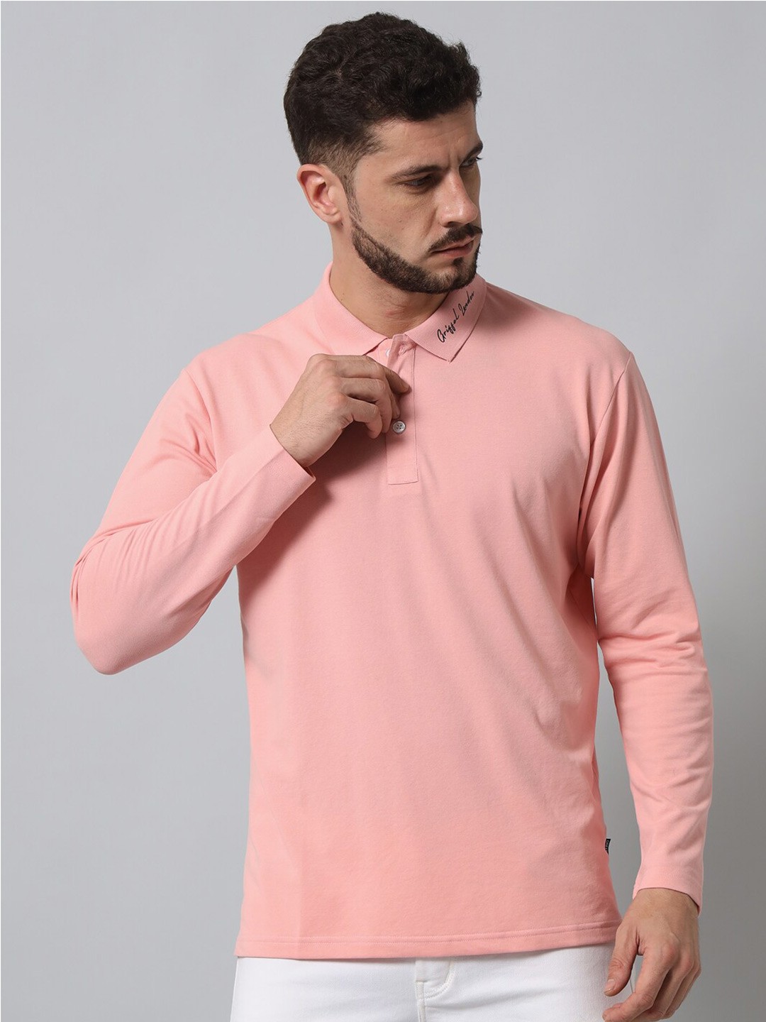 

GRIFFEL Polo Collar Long Sleeves Cotton Regular Fit T-shirt, Peach