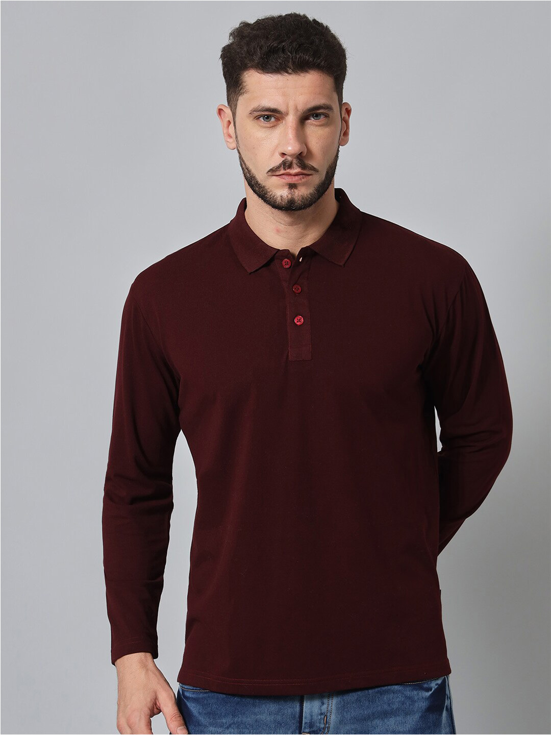 

GRIFFEL Polo Collar Long Sleeves Cotton Regular Fit T-shirt, Maroon