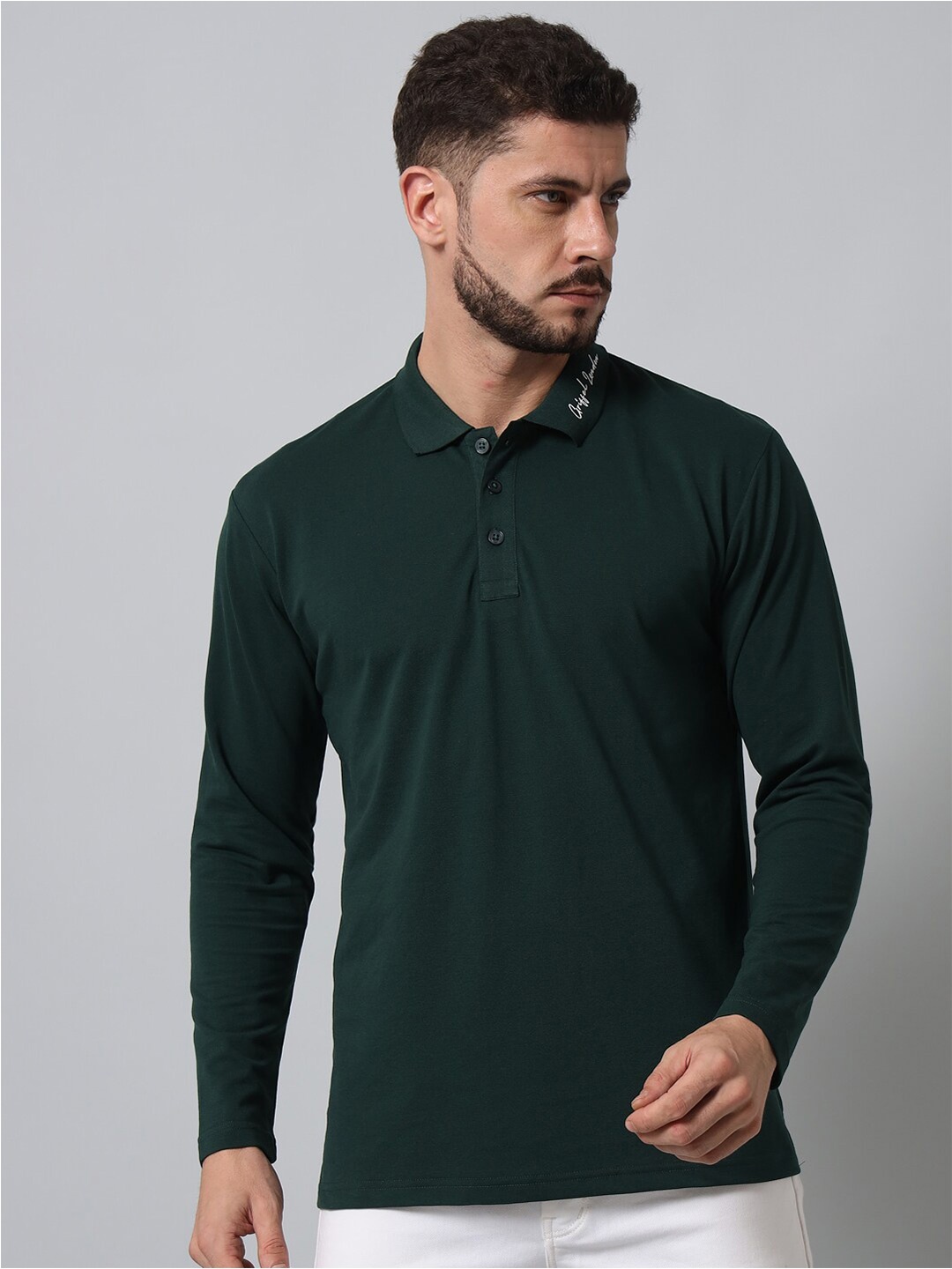 

GRIFFEL Polo Collar Long Sleeves Cotton T-shirt, Green