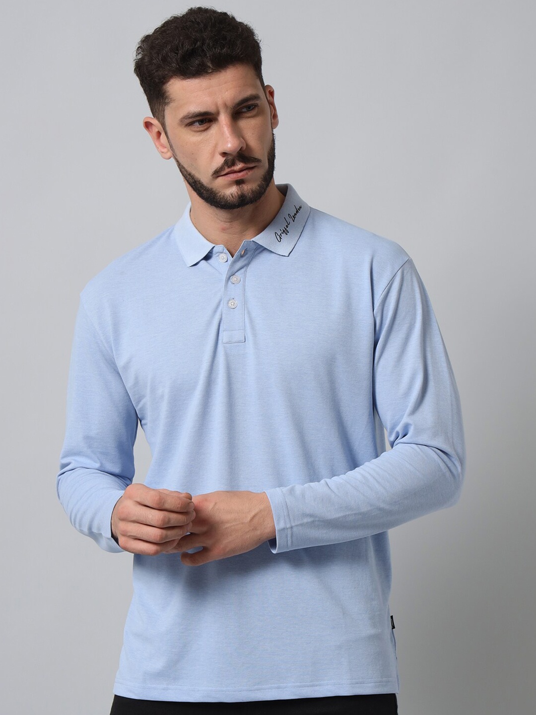 

GRIFFEL Polo Collar Long Sleeves Cotton T-shirt, Blue