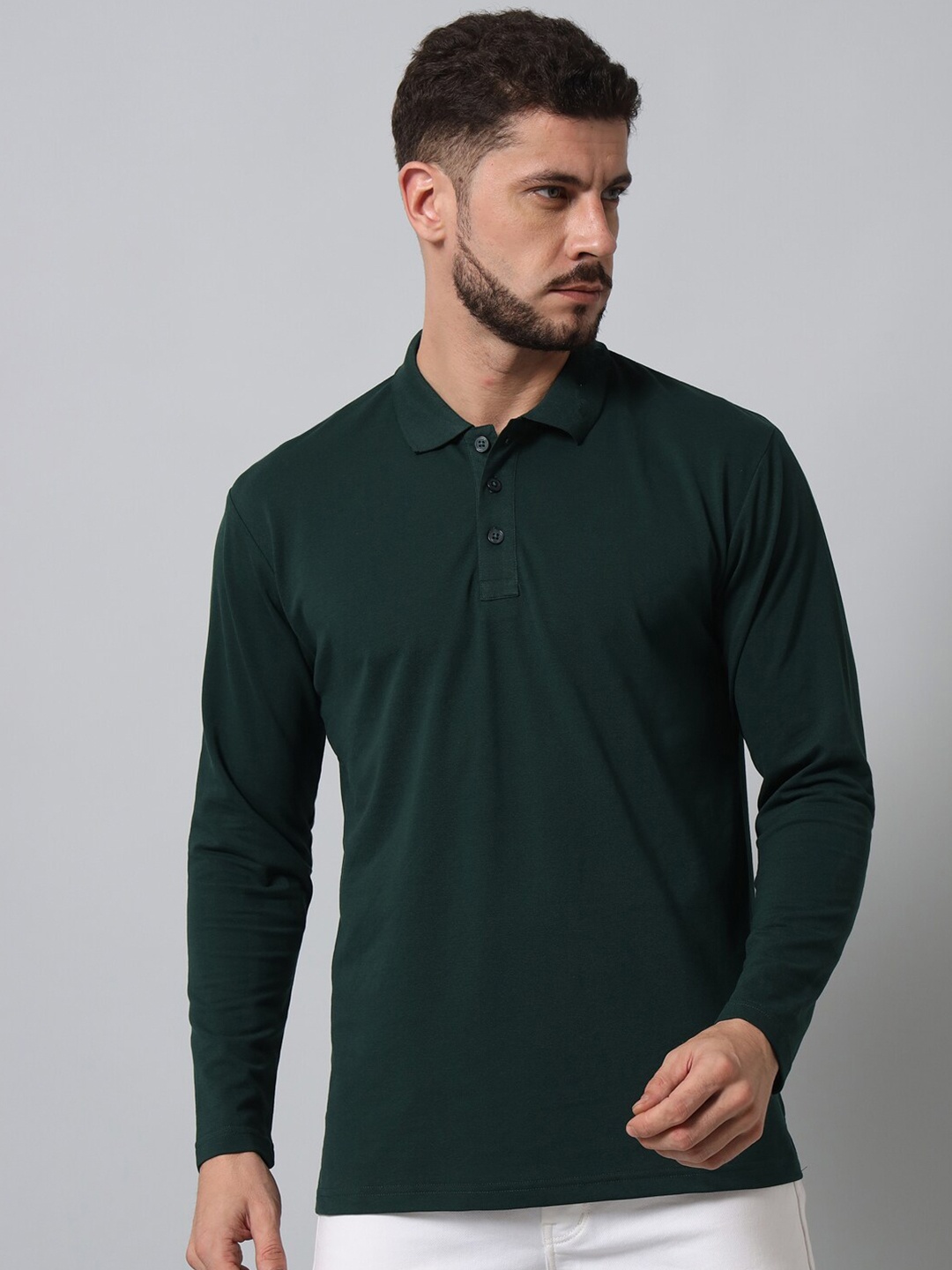 

GRIFFEL Polo Collar Long Sleeves Cotton T-shirt, Green