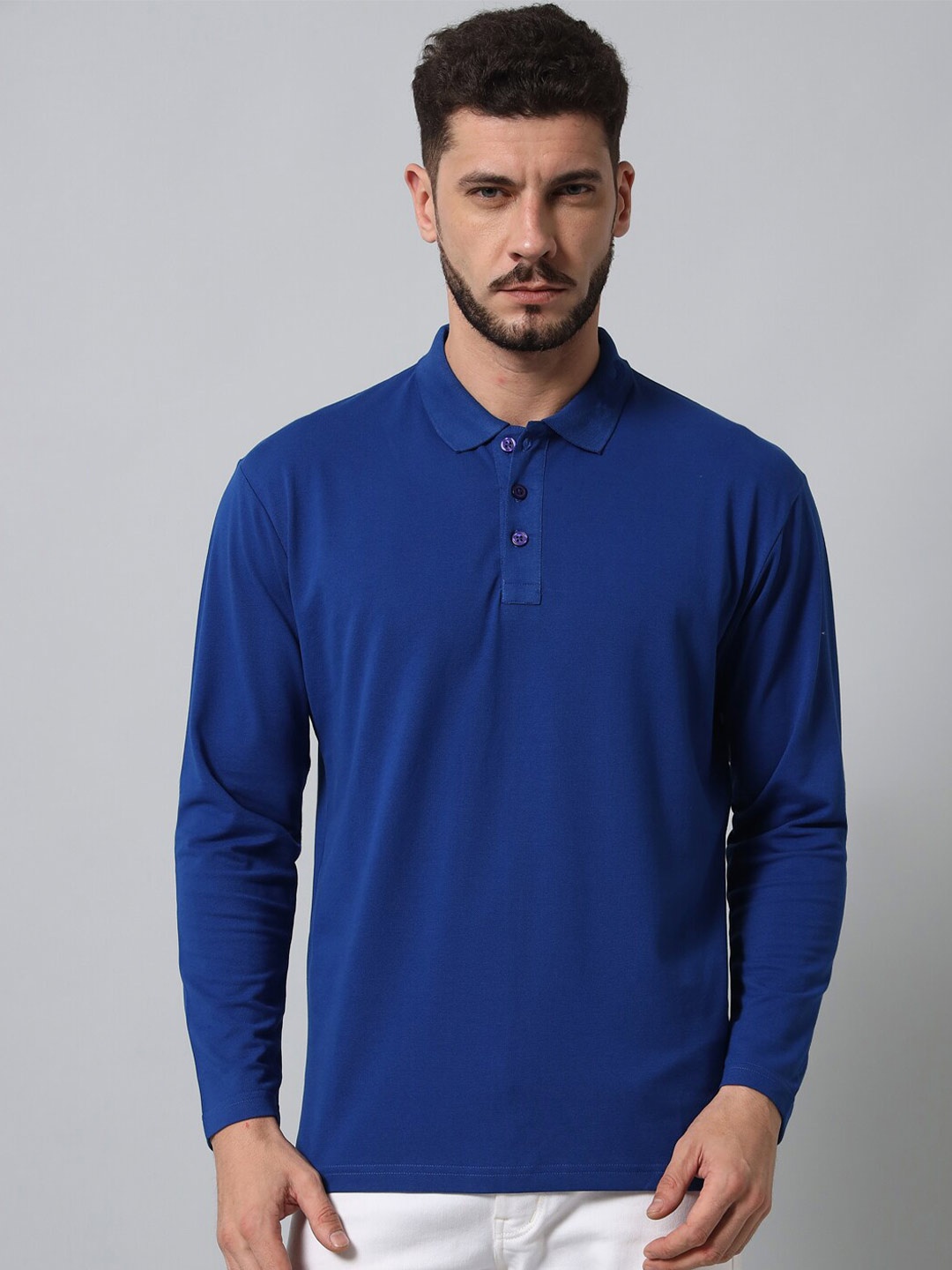 

GRIFFEL Polo Collar Long Sleeves Cotton T-shirt, Blue