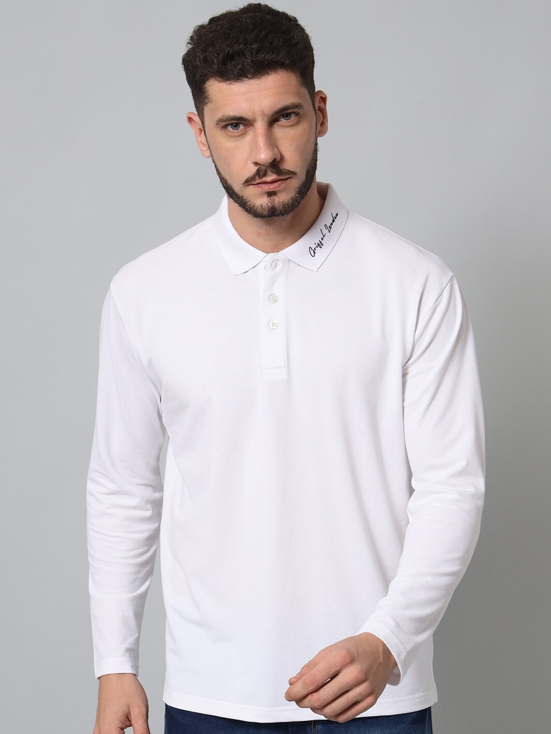 

GRIFFEL Polo Collar Long Sleeves Cotton T-shirt, White