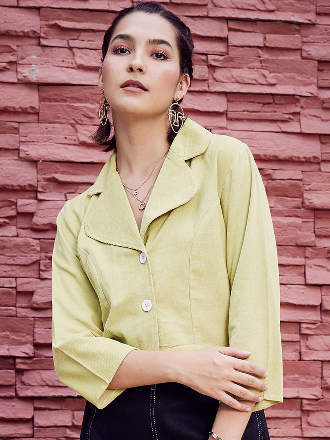 

Athena Olive Green Lapel Collar Corduroy Crop Tailored Jacket
