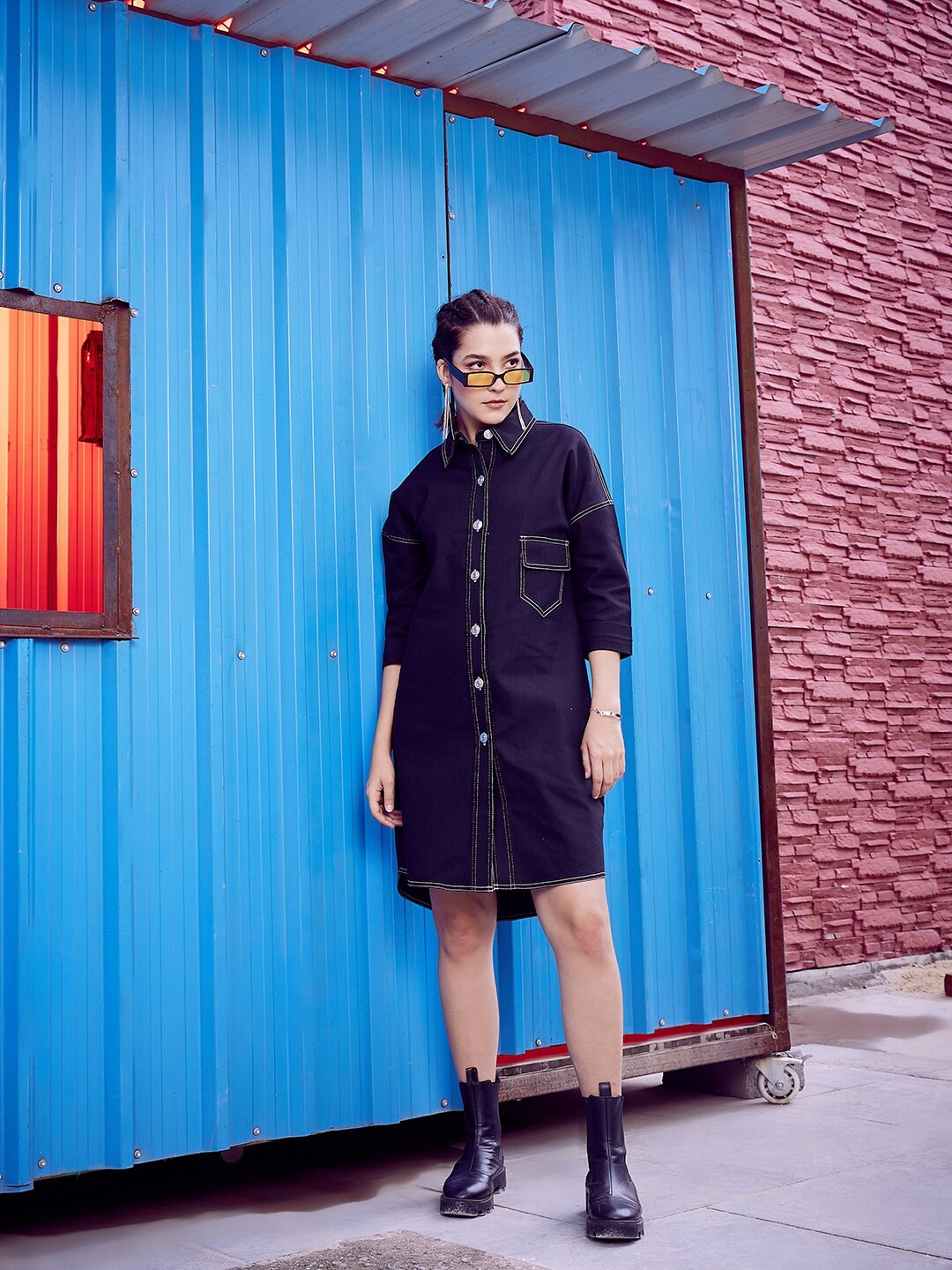 

Athena Navy Blue Shirt Collar Pure Cotton Shirt Dress