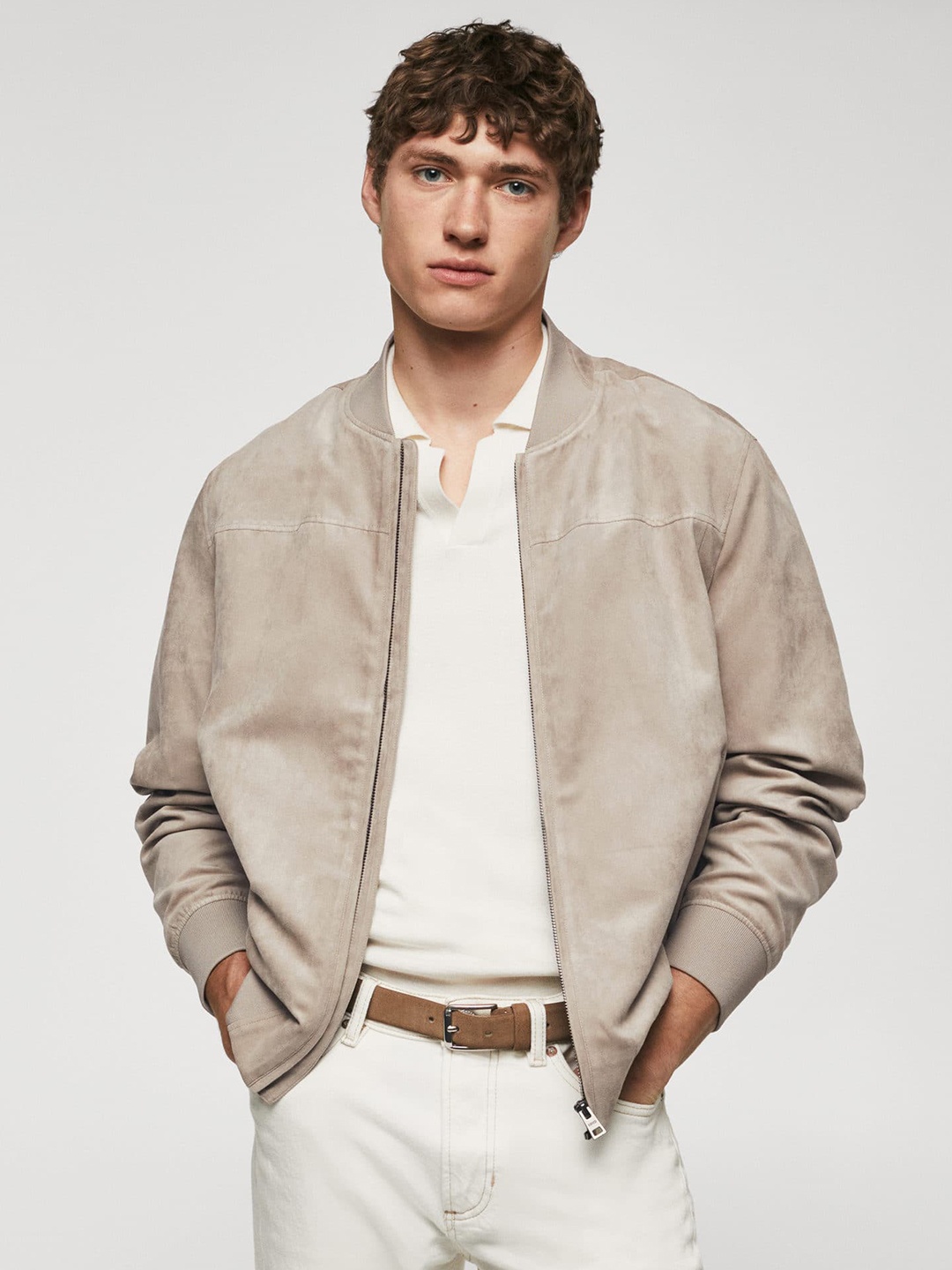 

MANGO MAN Suede Finish Bomber Jacket, Beige