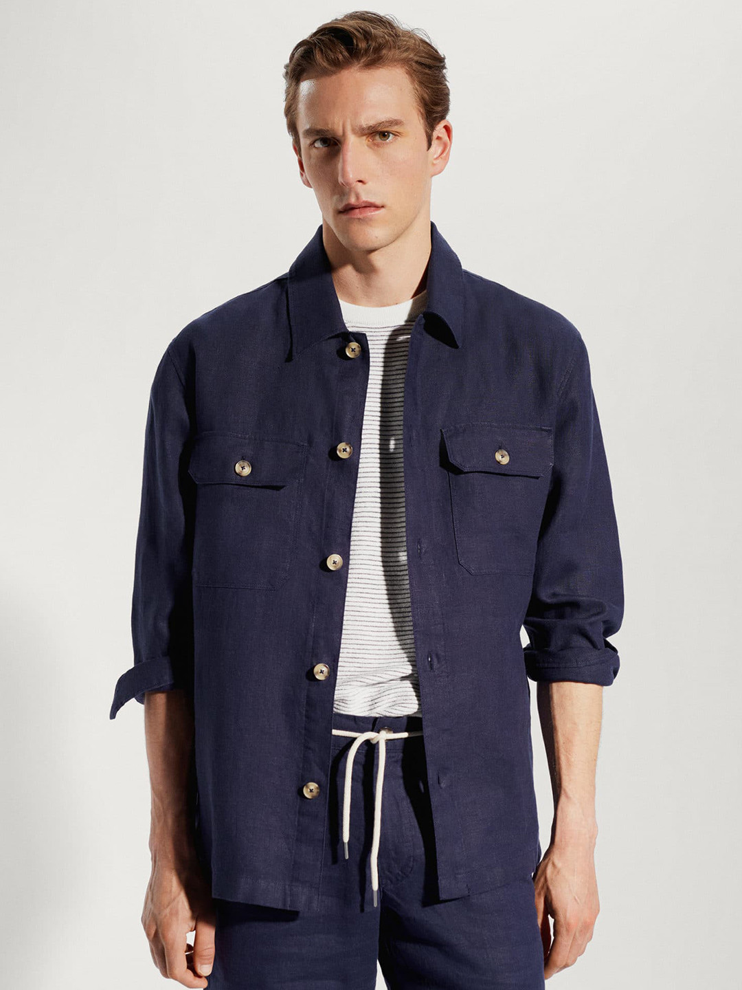 

MANGO MAN Pure Linen Solid Casual Shacket, Navy blue