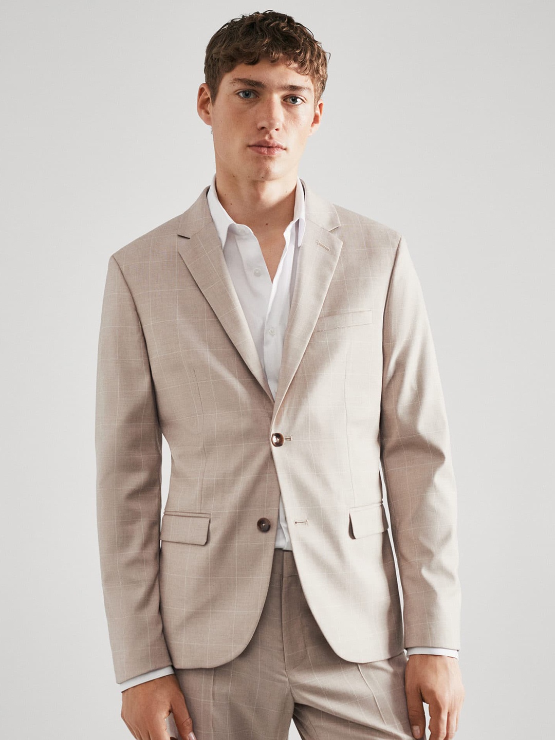 

MANGO MAN Super Slim Fit Checked Single-Breasted Formal Blazer, Beige