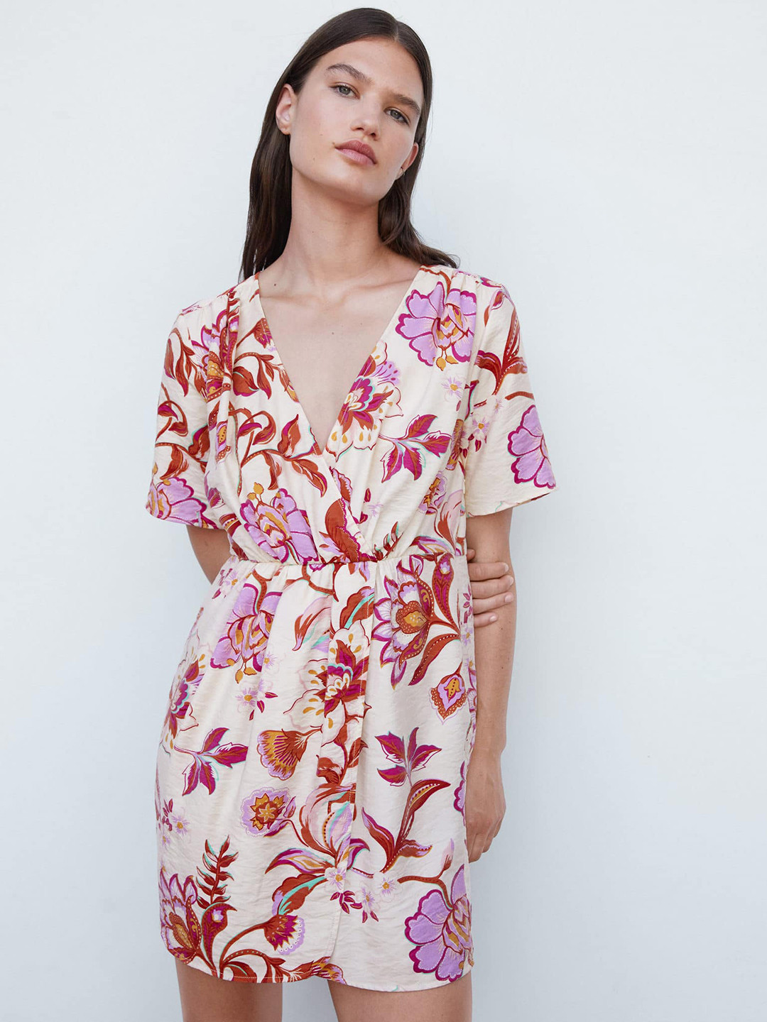

MANGO Floral Printed Mini Wrap Dress, Cream