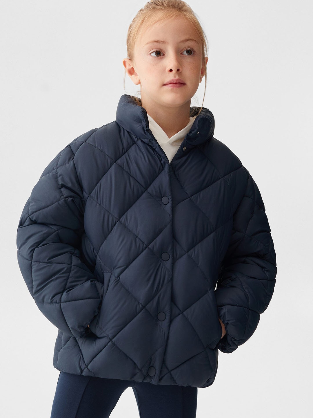 

Mango Kids Girls Stand Collar Quilted Jacket, Navy blue