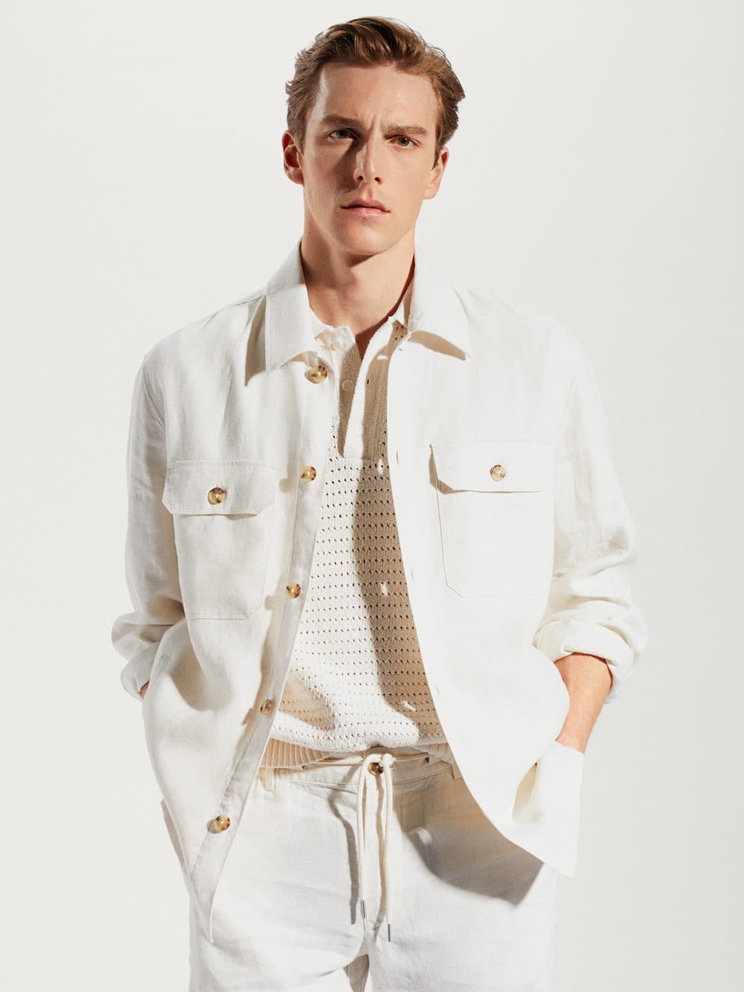 

MANGO MAN Pure Linen Solid Casual Shacket, Off white