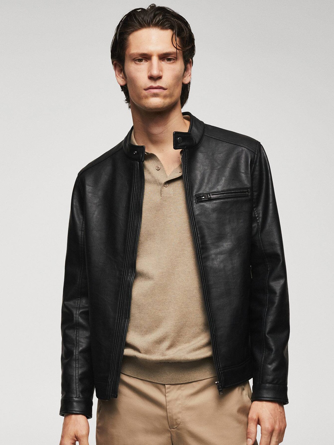 

MANGO MAN Faux Leather Biker Jacket, Black