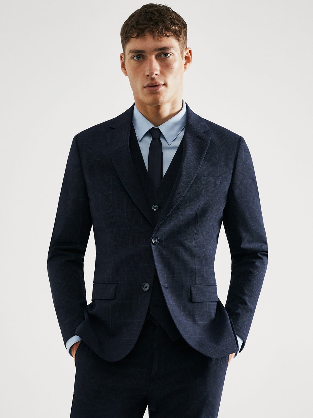 

MANGO MAN Super Slim Fit Checked Formal Blazer, Navy blue