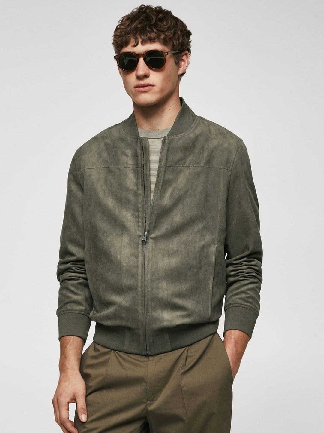 

MANGO MAN Suede Finish Bomber Jacket, Olive