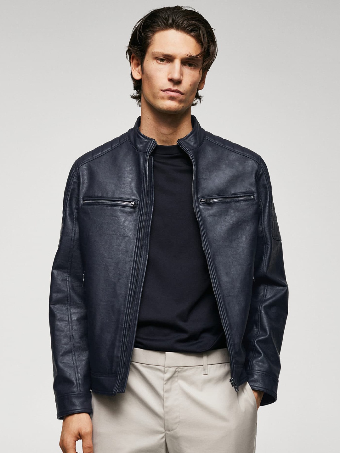 

MANGO MAN Nappa Leather Effect Biker Jacket, Navy blue