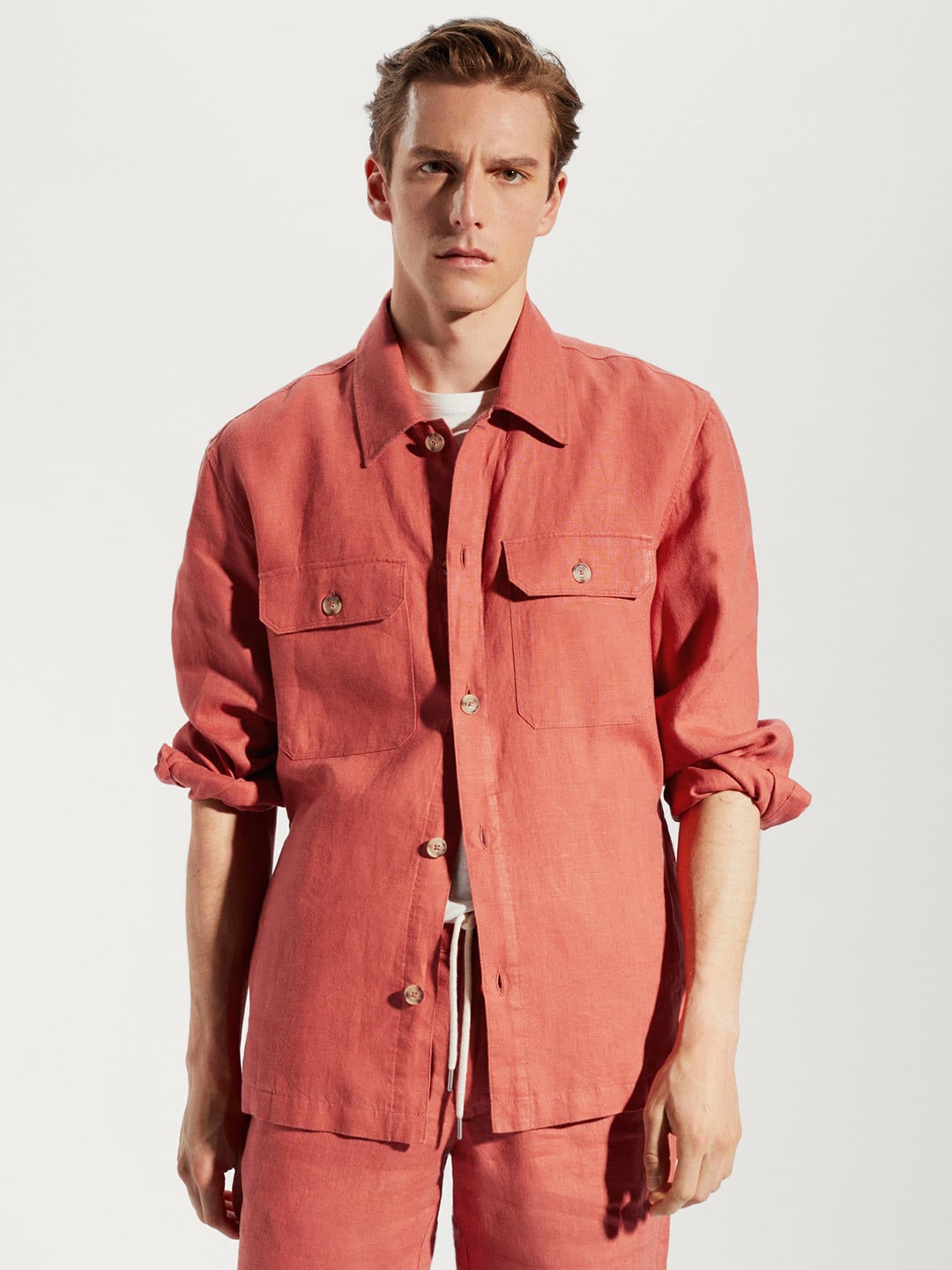 

MANGO MAN Pure Linen Solid Casual Shacket, Coral